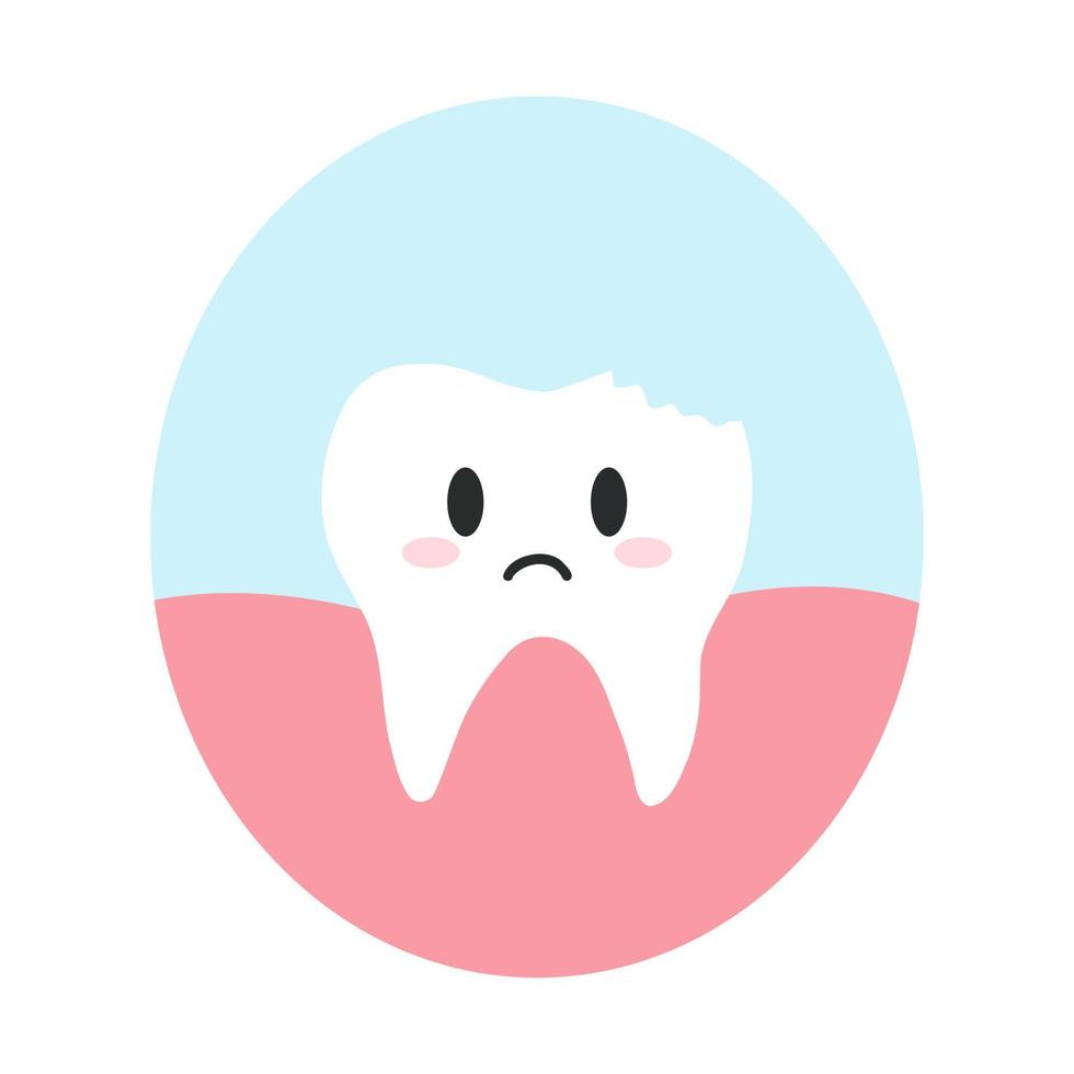 Fractured, chipped tooth in cartoon flat style. Vector illustration of disgruntled unhealthy teeth character, dental care concept, oral hygiene