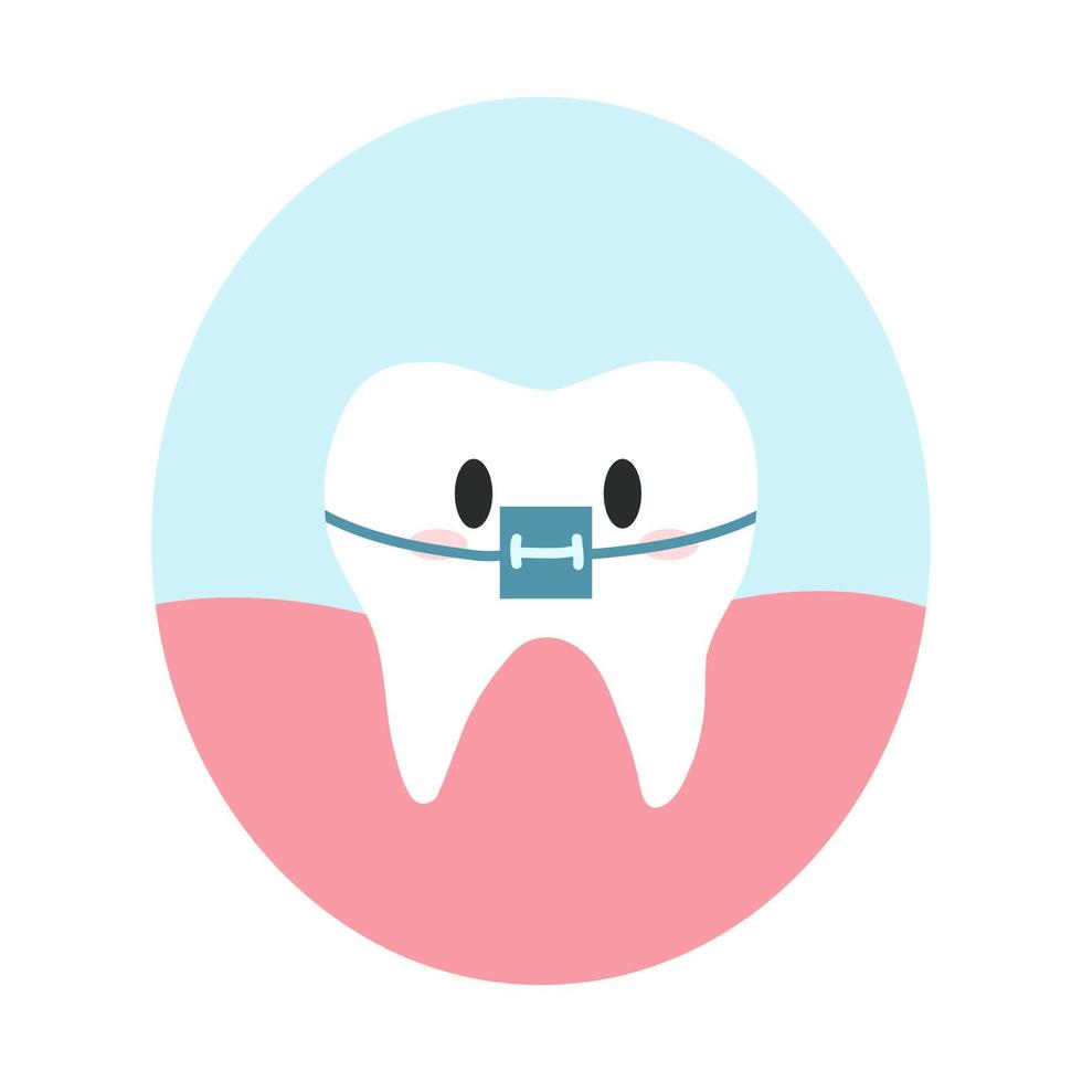 lindo diente sano con aparatos ortopédicos en estilo plano de dibujos animados. ilustración vectorial del carácter de dientes sanos, estructuras fijas de ortodoncia, concepto de cuidado dental, higiene oral vector