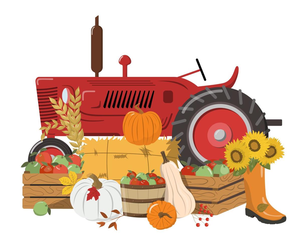 Red rustic tractor with pumpkins, apples, sunflowers, hay, leaves. Isolated on white background. Autumn harvest or Thanksgiving Day design in cartoon style. vector