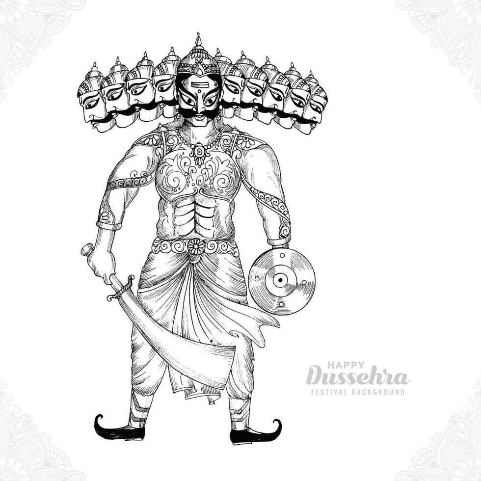 Happy dussehra celebration ravan with hand draw sketch design vector