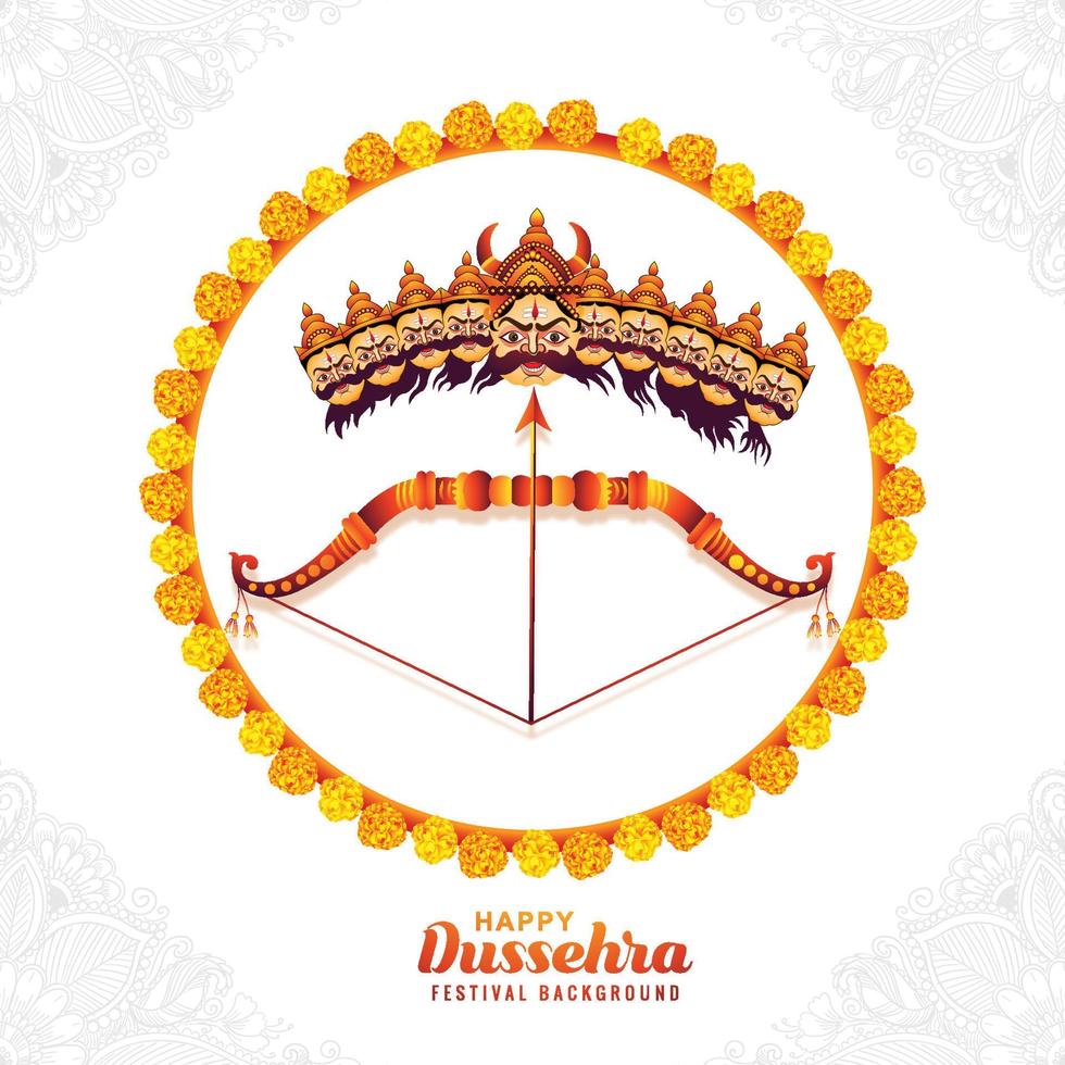 Happy dussehra celebration angry ravan with ten heads and bow card design vector