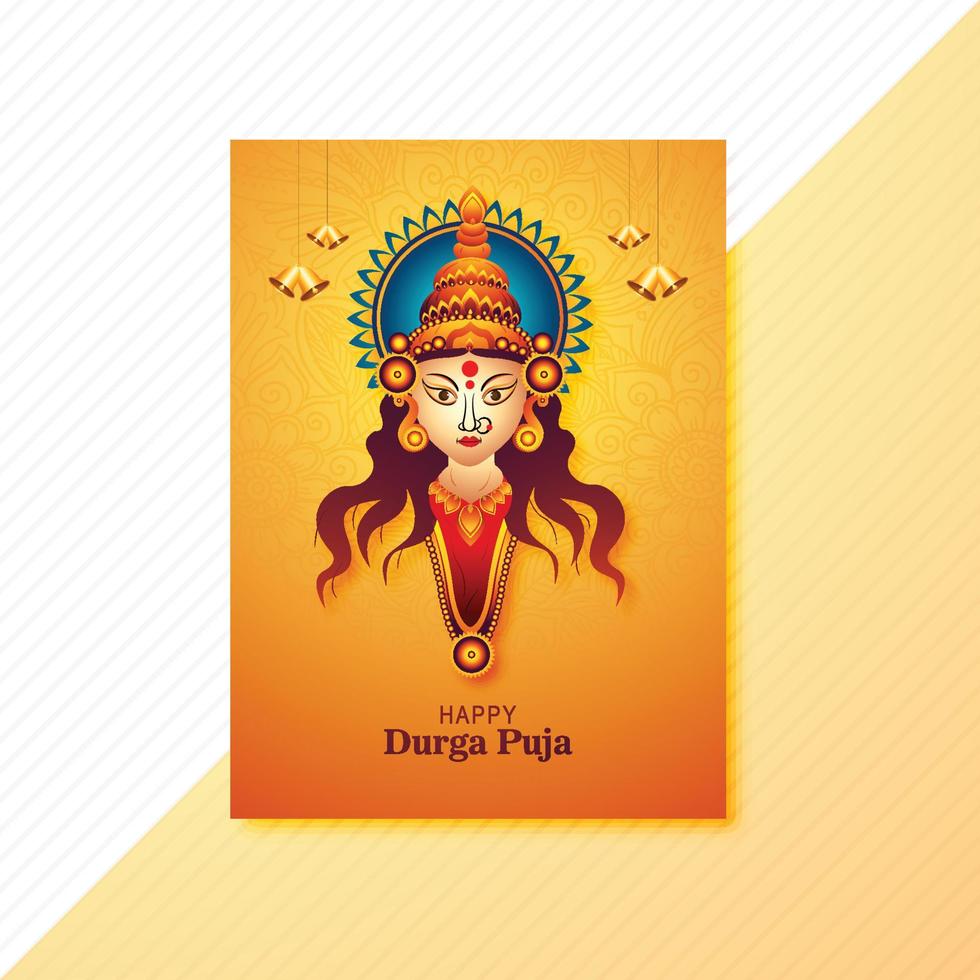 Goddess durga face in happy durga puja subh navratri card brochure template design vector