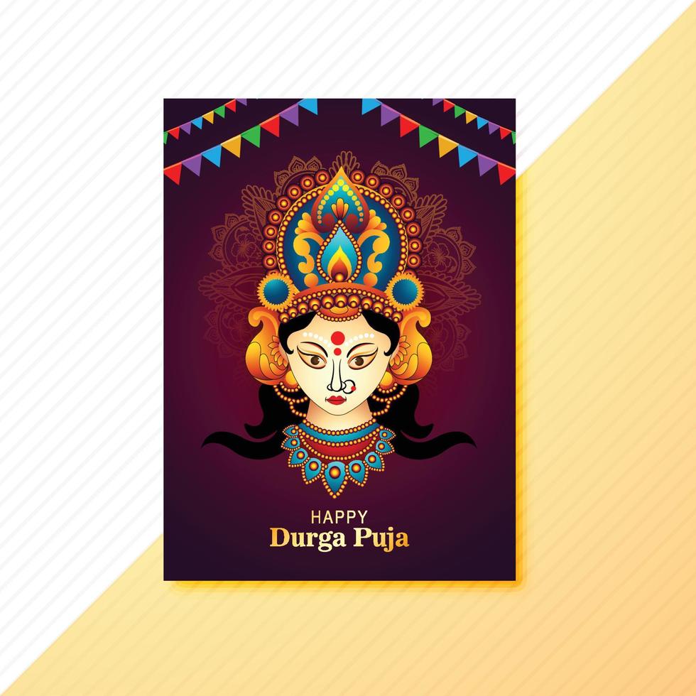 Illustration of goddess durga face in happy durga puja brochure design vector