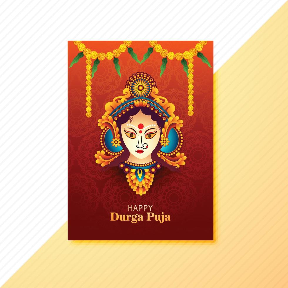 Illustration of goddess durga face in happy durga puja brochure design vector