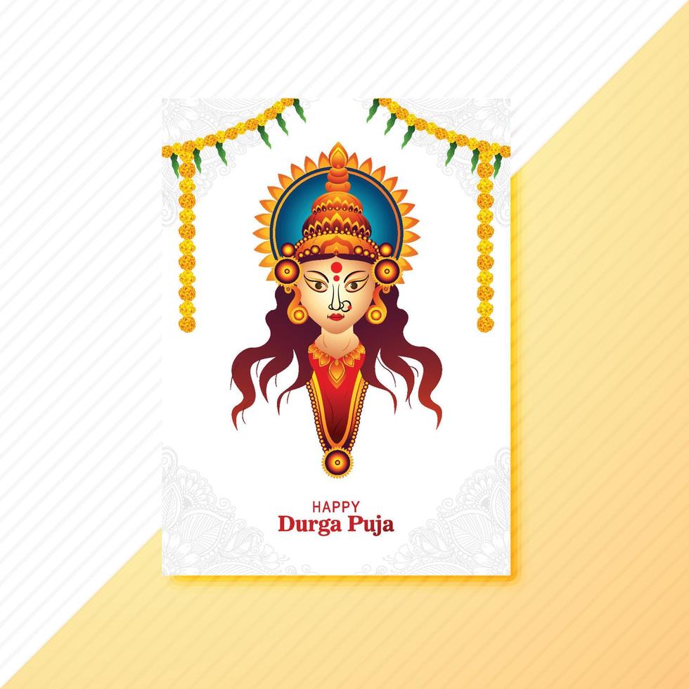 Goddess durga face in happy durga puja subh navratri card brochure template design vector