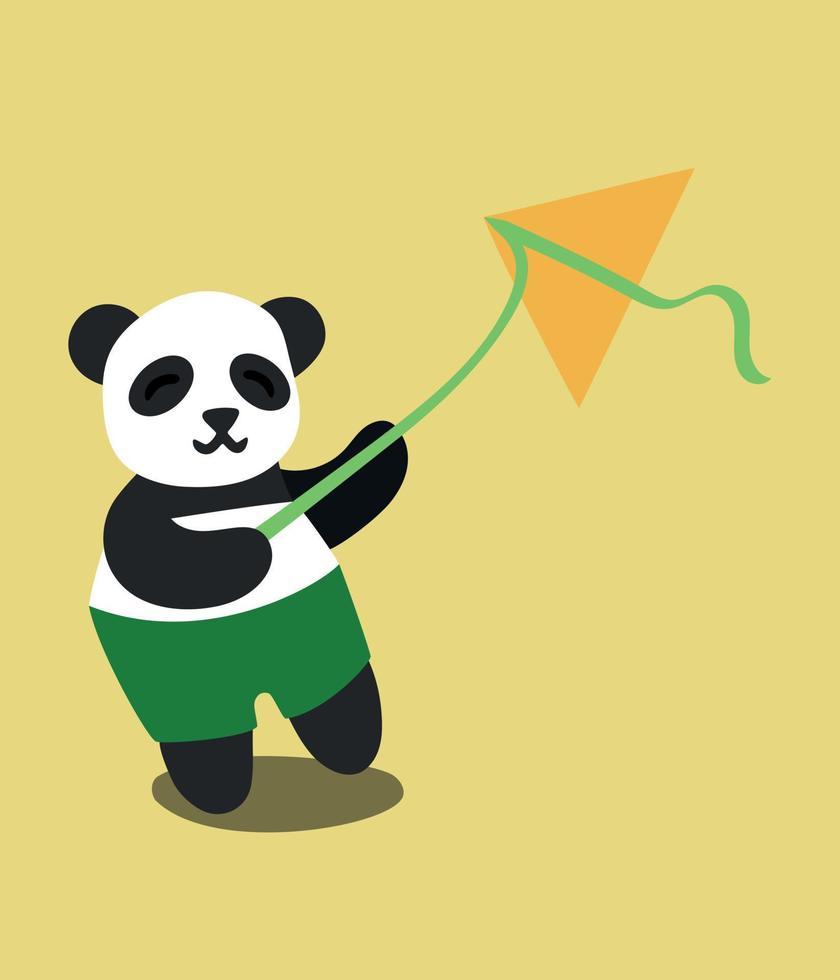 Cute panda playing with kite. Summer vacation. Image isolated on colored background. Vector illustration. Design element for postcards menu brochures posters sites banners