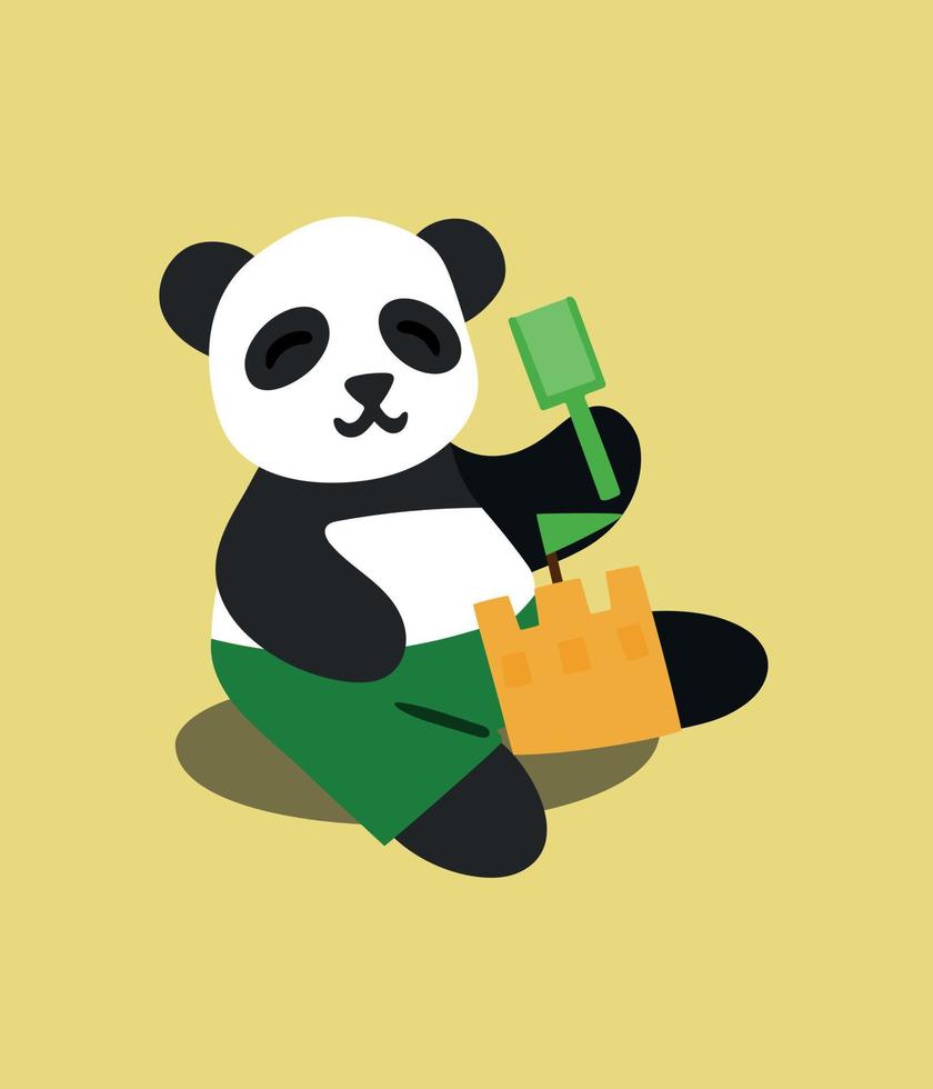 Cartoon panda playing in sand castle. Image isolated on colored background. Flat. Vector illustration. Design element. Summer time