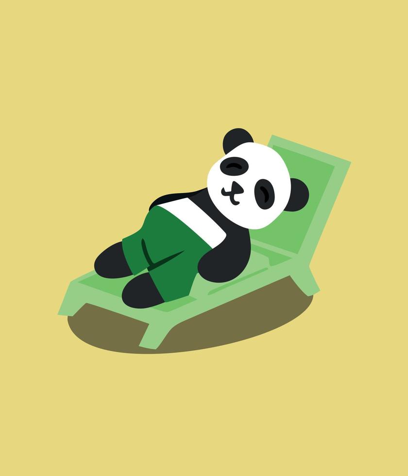 Concept of cartoon panda relaxing on beach chair. Vector illustration. Design element. Summer panda. Image isolated on colored background