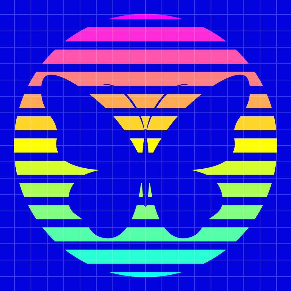 Vector butterfly silhouette in retro sci-fi style. 80s striped neon rainbow sunset. Acid blue checkered background VHS. Retro print for graphic tee. Template for poster, sticker, banner, t-shirt