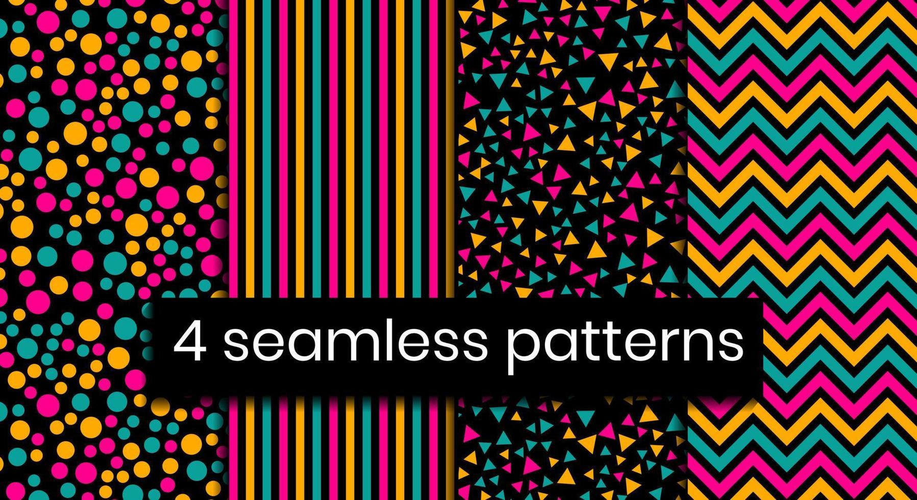 Colorful geometric abstract seamless patterns set on black background. For home textile, book covers, wallpapers, graphic art, wrapping paper. vector