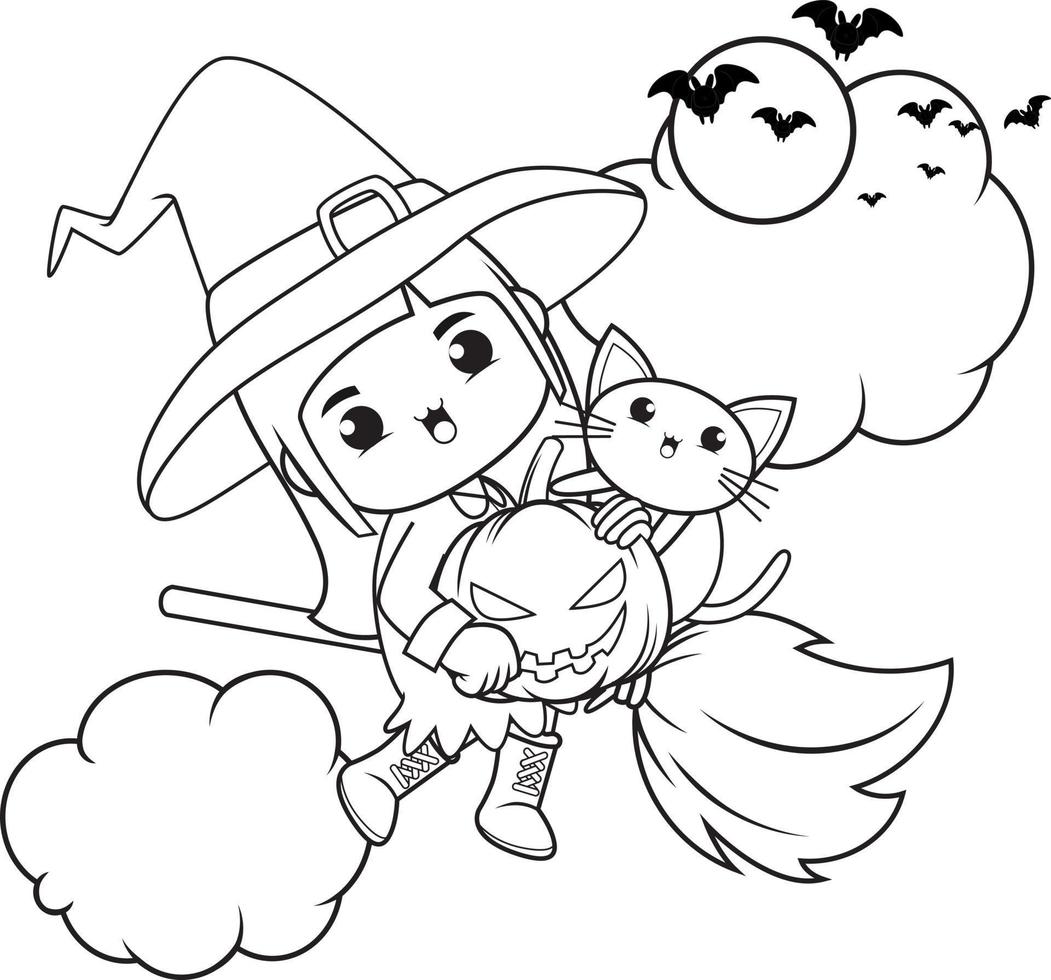 Halloween coloring book cute little girl witch vector