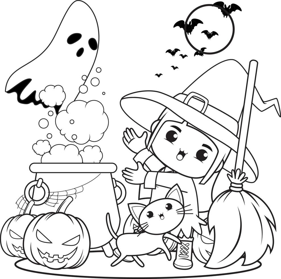 Halloween coloring book cute little girl witch vector