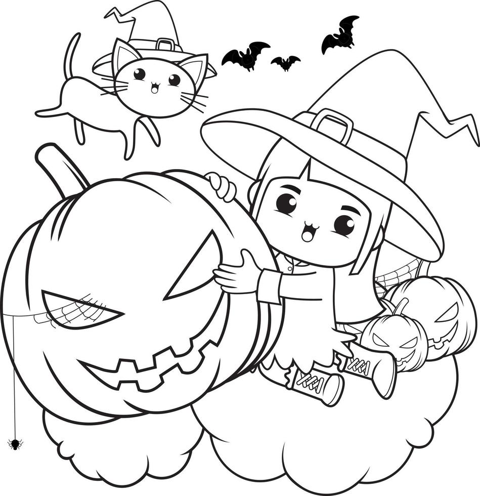 Halloween coloring book cute little girl witch vector