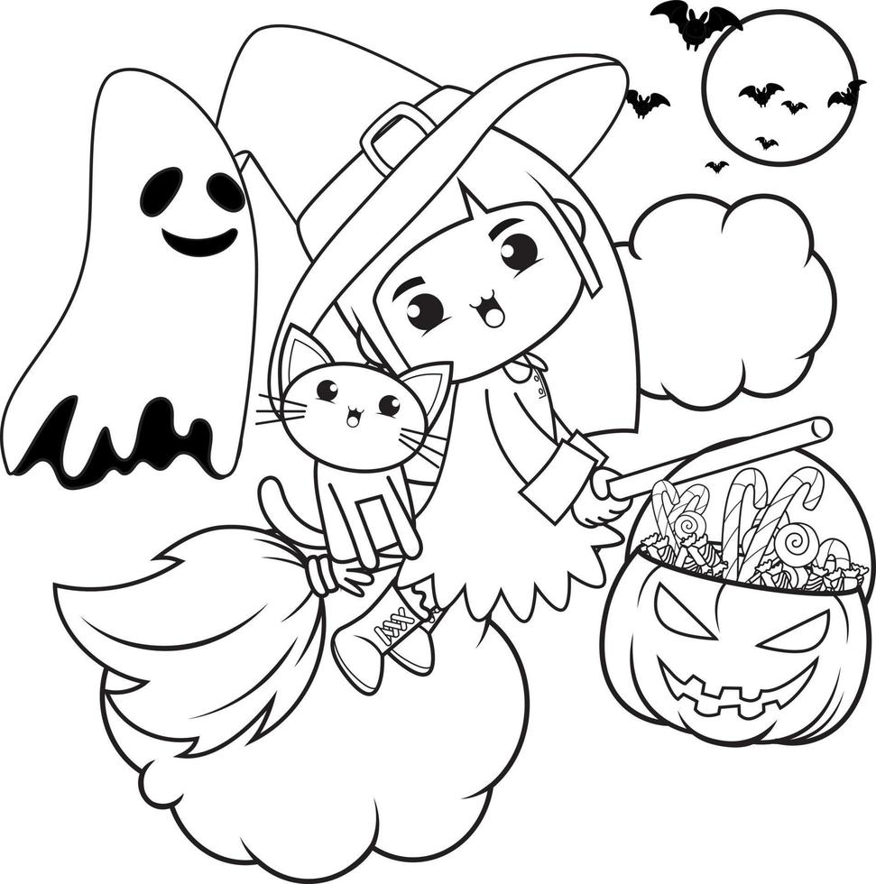 Halloween coloring book cute little girl witch vector
