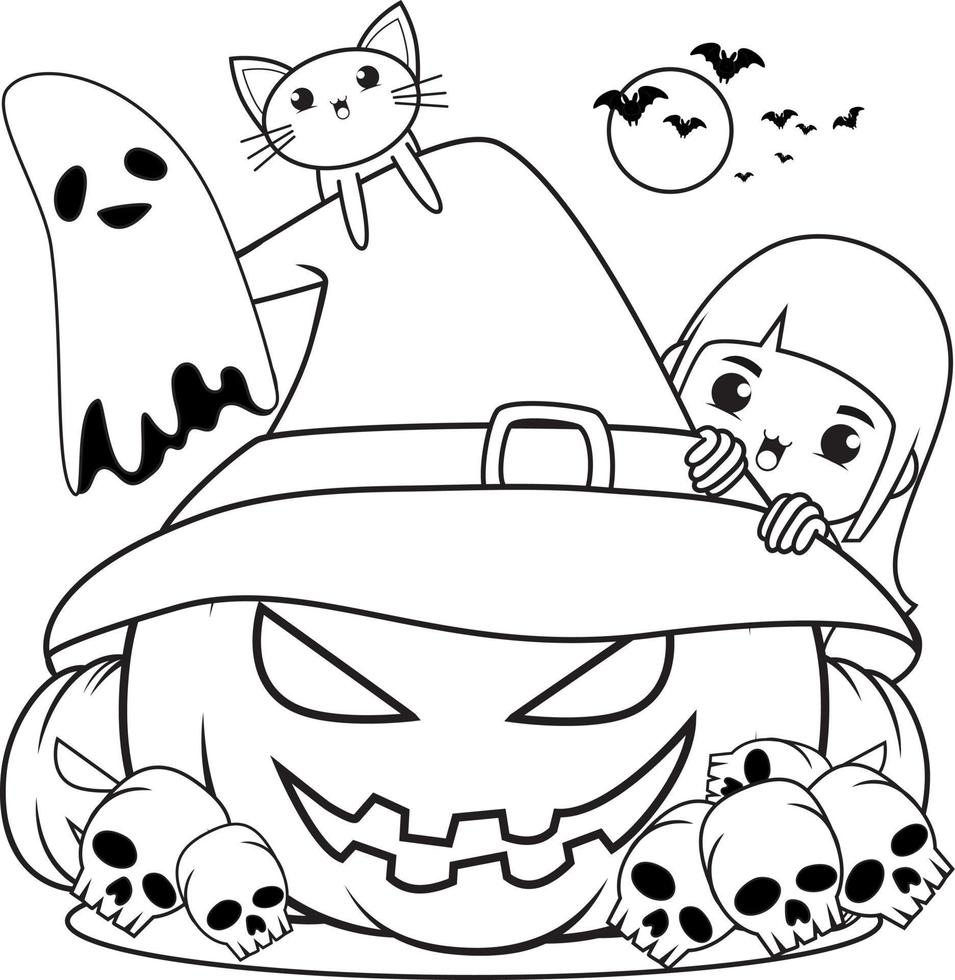 Halloween coloring book cute little girl witch vector