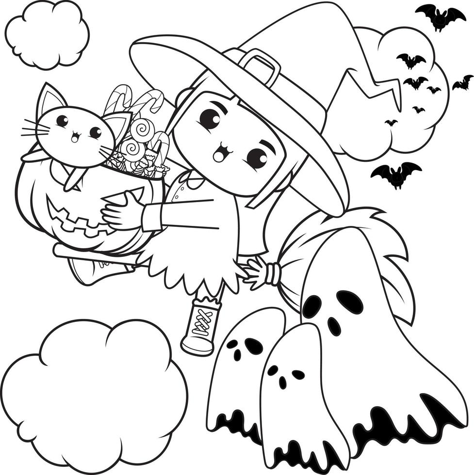 Halloween coloring book cute little girl witch vector