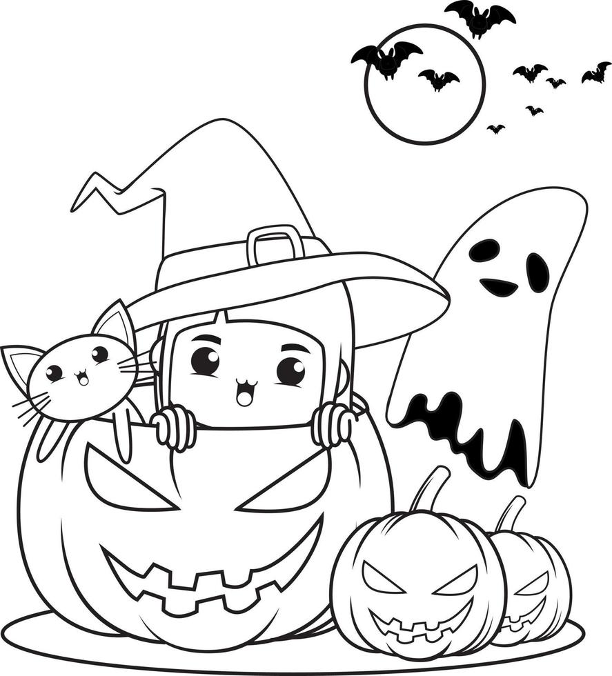 libro para colorear de halloween linda niña bruja vector