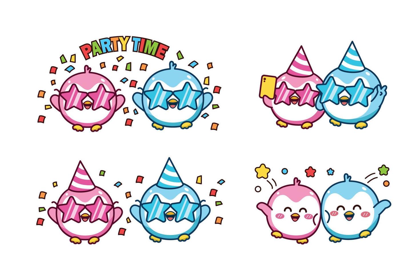 Set of cute kawaii couple blue and pink little penguin for social media sticker emoji party time and feel happy emoticon vector
