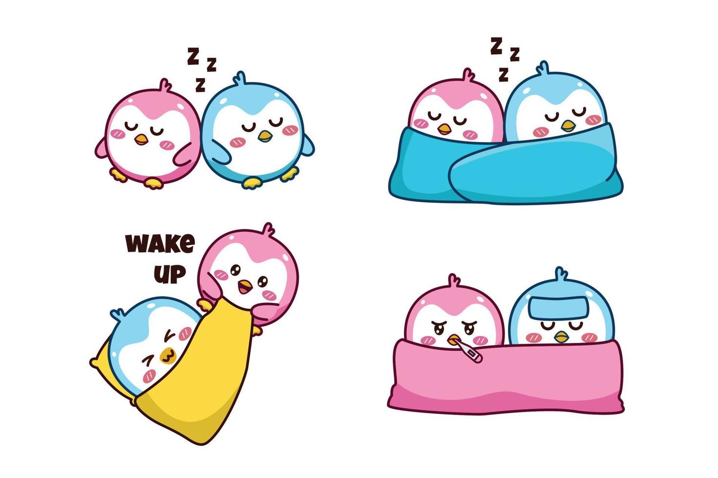 conjunto de linda pareja kawaii pingüino pequeño azul y rosa para pegatina de redes sociales emoji dormir enfermo y despertar emoticono vector