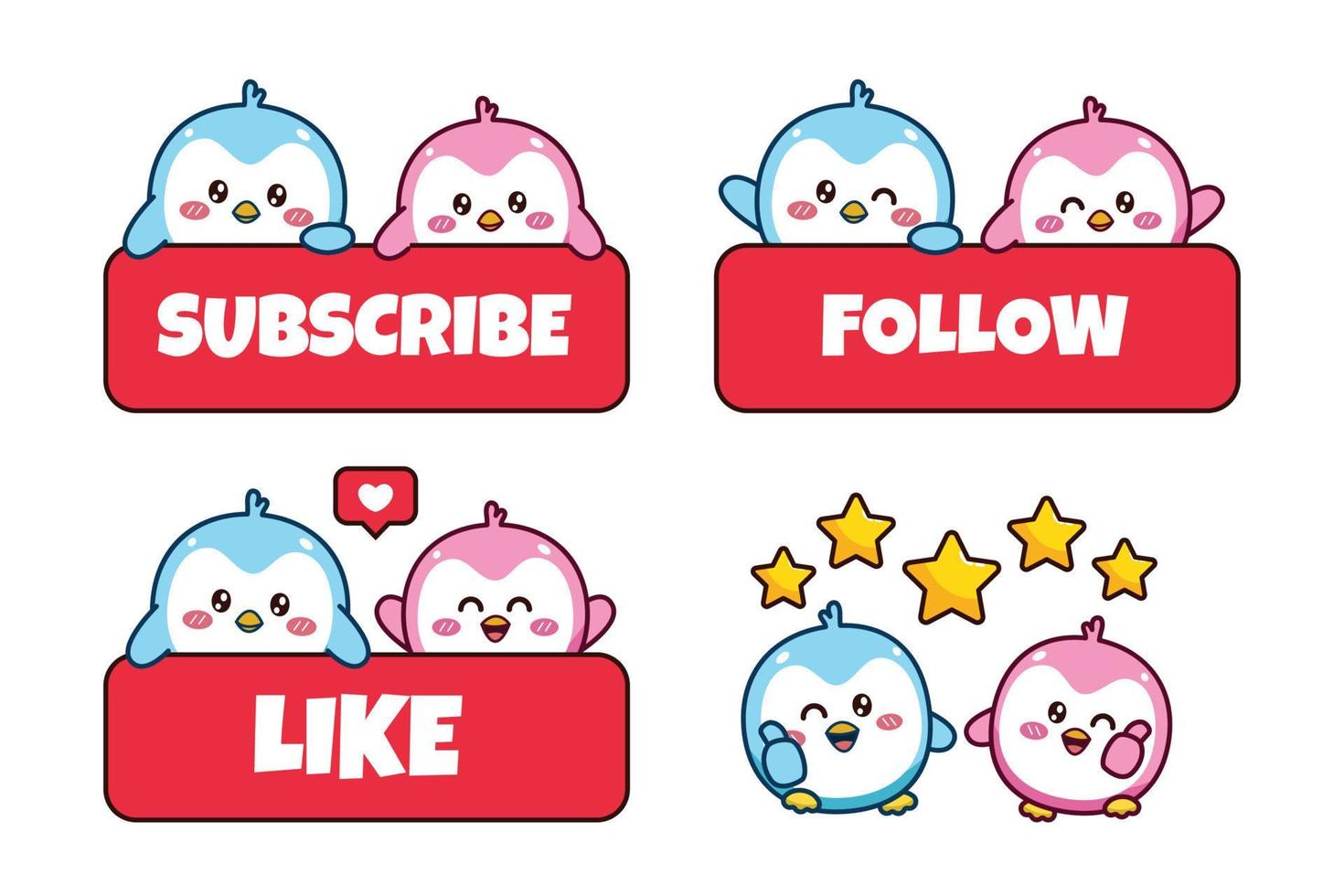 conjunto de linda pareja kawaii pingüino pequeño azul y rosa para emoji de pegatina de redes sociales suscríbete sigue como emoticono perfecto vector