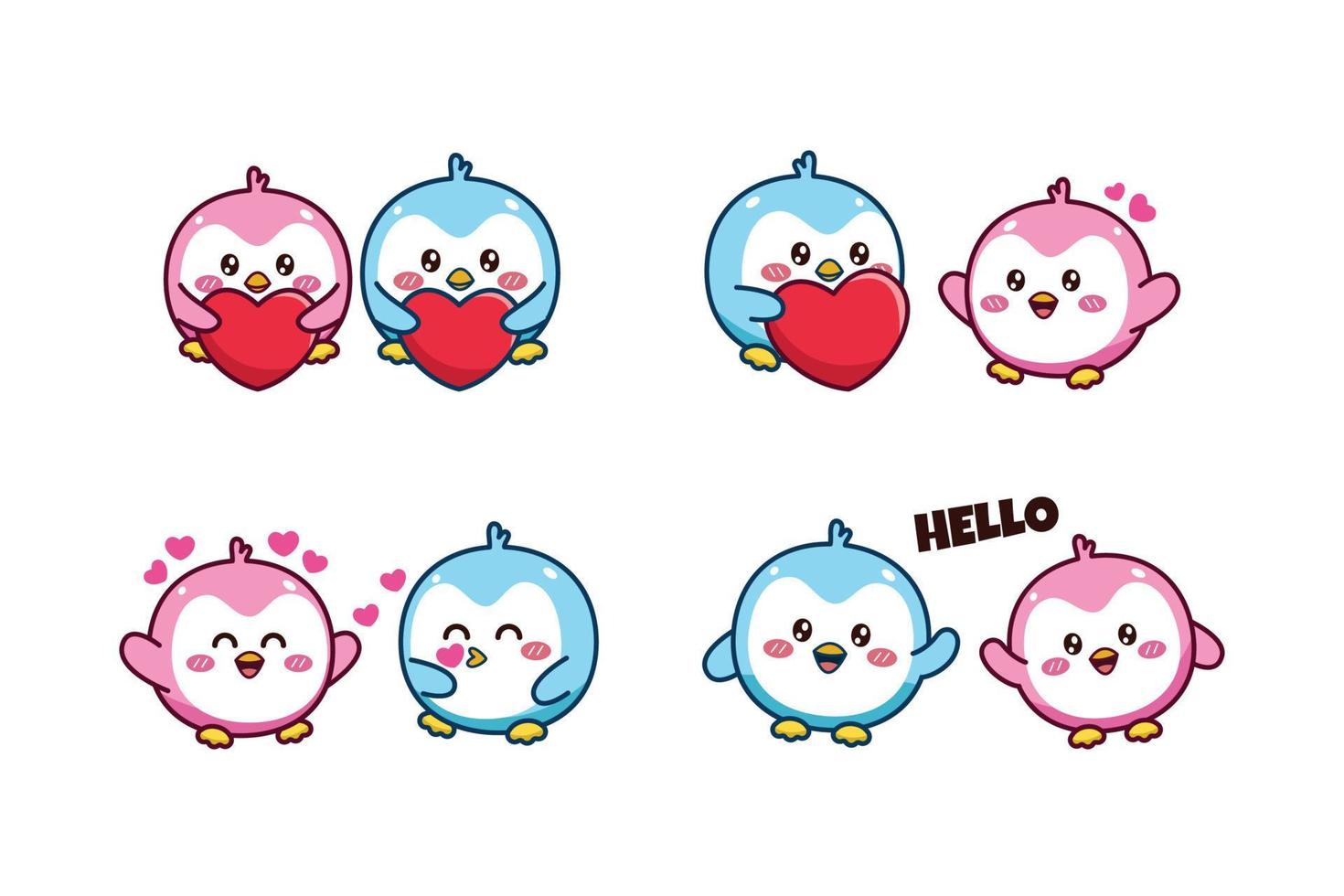 conjunto de linda pareja kawaii pingüino pequeño azul y rosa para pegatina de redes sociales emoji enamorándose y saludando emoticono vector