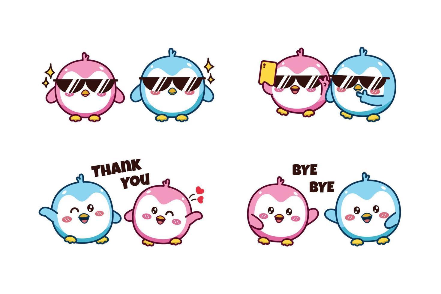 Set of cute kawaii couple blue and pink little penguin for social media sticker emoji wearing sunglasses take a picture say thank you and bye bye emoticon vector