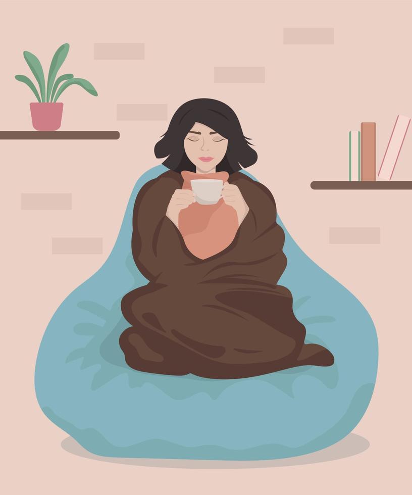 Cute smiling young girl sitting on comfy sofa. Adorable woman spending time at home. Flat cartoon vector illustration.
