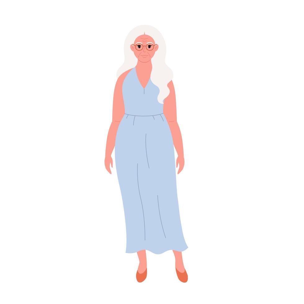 anciana de cabello gris con anteojos y elegante vestido largo. abuela senior sonriente en traje moderno. mujer jubilada vector