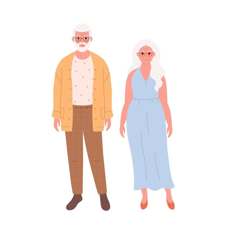 Elderly couple in stylish fashionable look. Smiling grandpa and granny in modern outfit. Retired man and woman vector