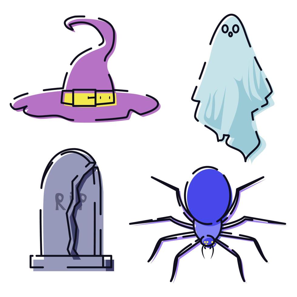 Helloween icons set in line art. Autumn holiday elements. Colorful vector illustration isolated on white background.