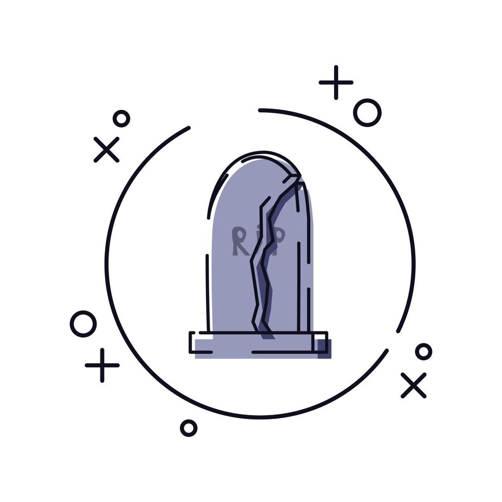 Gravestone with skull in line art. Helloween headstone on the graveyard. Colorful vector illustration isolated on white background.