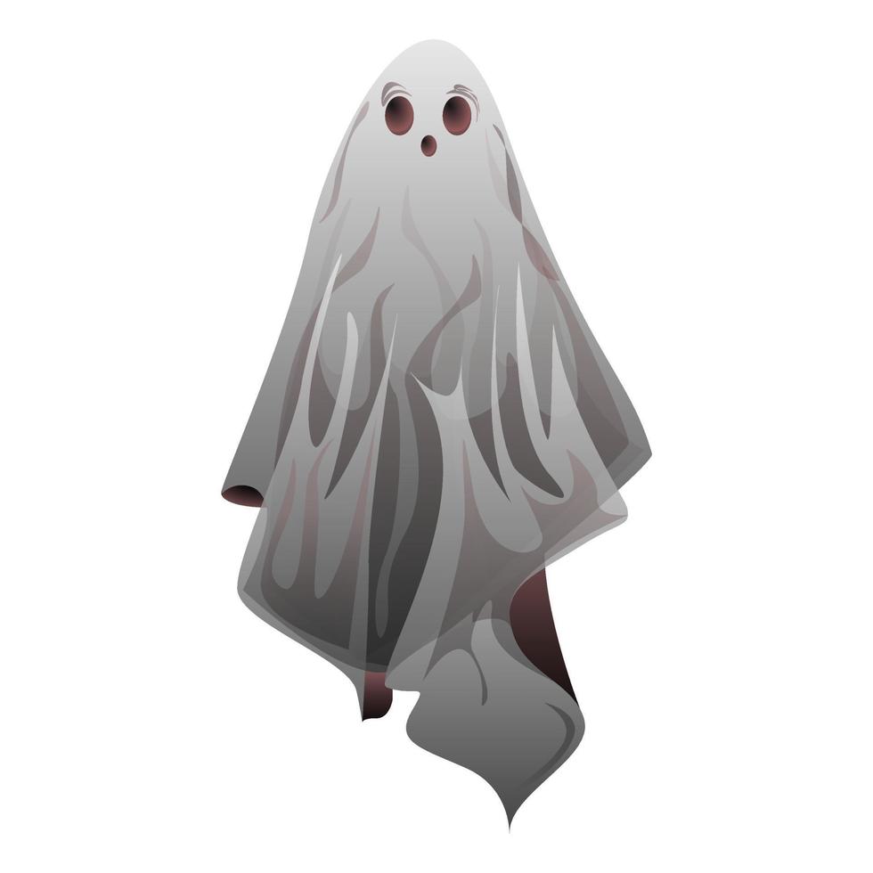 Ghost with eyes in realistic style. Helloween creepy costume for party. Colorful vector illustration isolated on white background.