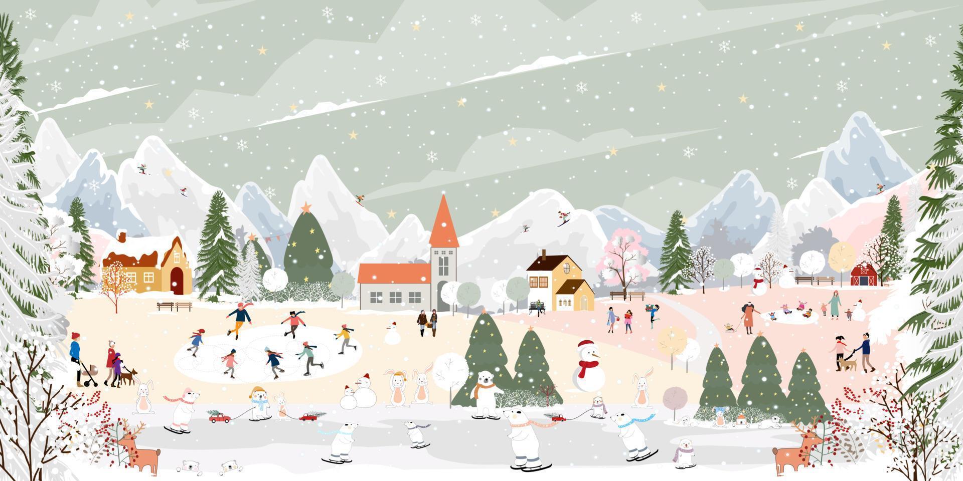 paisaje invernal con gente feliz, oso polar y conejo jugando a patinar sobre hielo en el parque, pancarta vectorial conejito y oso del país de las maravillas de invierno celebrando en el bosque, feliz navidad y fondo de año nuevo 2023 vector