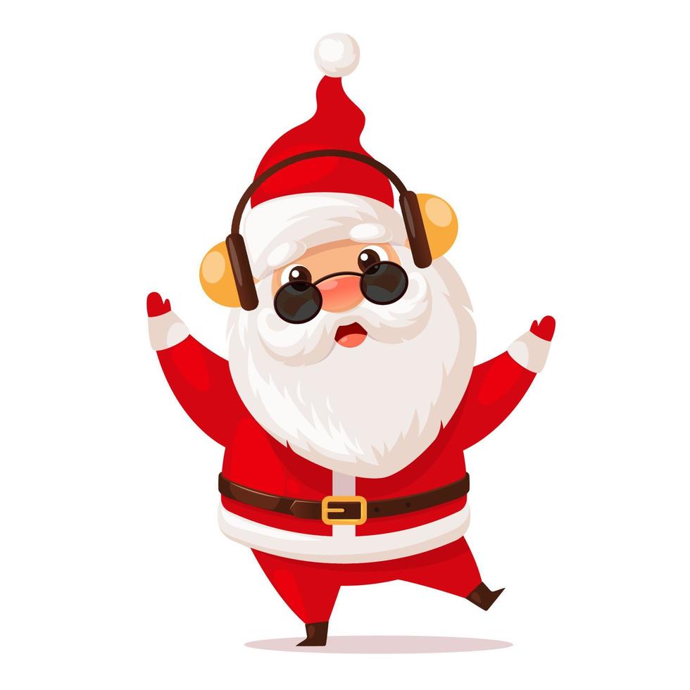 lindo baile santa claus en auriculares y gafas de sol. ilustración vectorial de dibujos animados vector