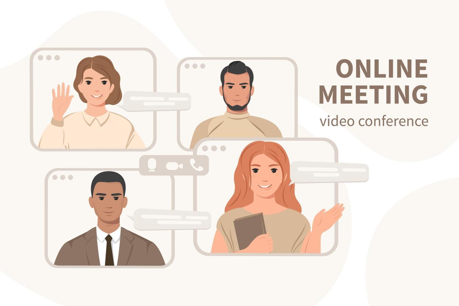 Online meeting multicultural international team via group call. Video conference for remote work or education from home. Man and woman in virtual window frames. Vector illustration
