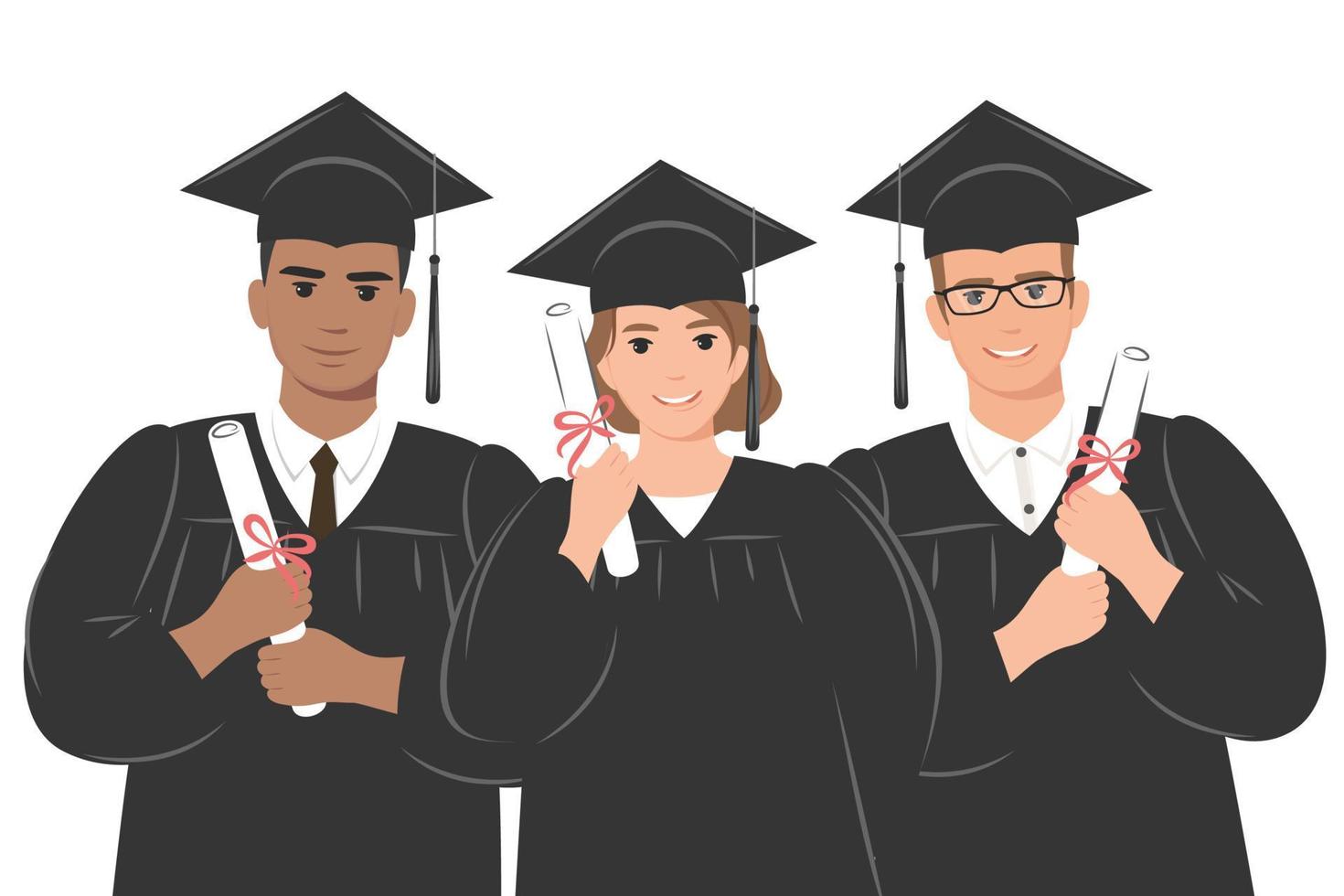 grupo de felices estudiantes-graduados universitarios o universitarios con un vestido académico, gorra de graduación y un diploma. ilustración vectorial vector