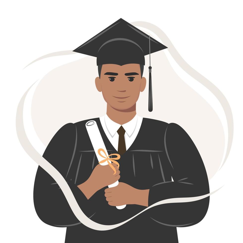Happy afro graduate student with a diploma in graduation cap and robe . Young man who graduated from studies. Flat vector illustration on white background.