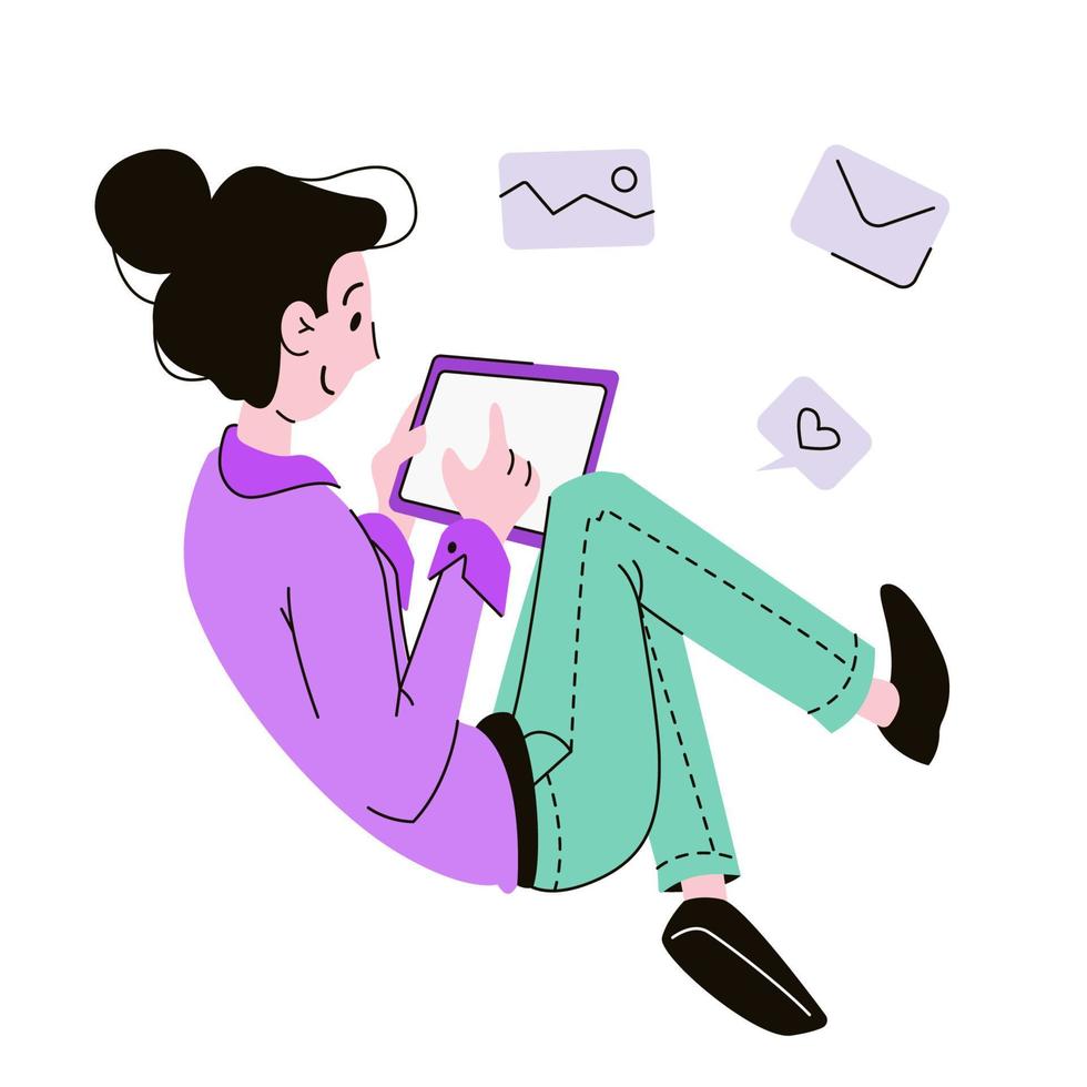 A woman uses a tablet. The concept of working online through gadgets vector