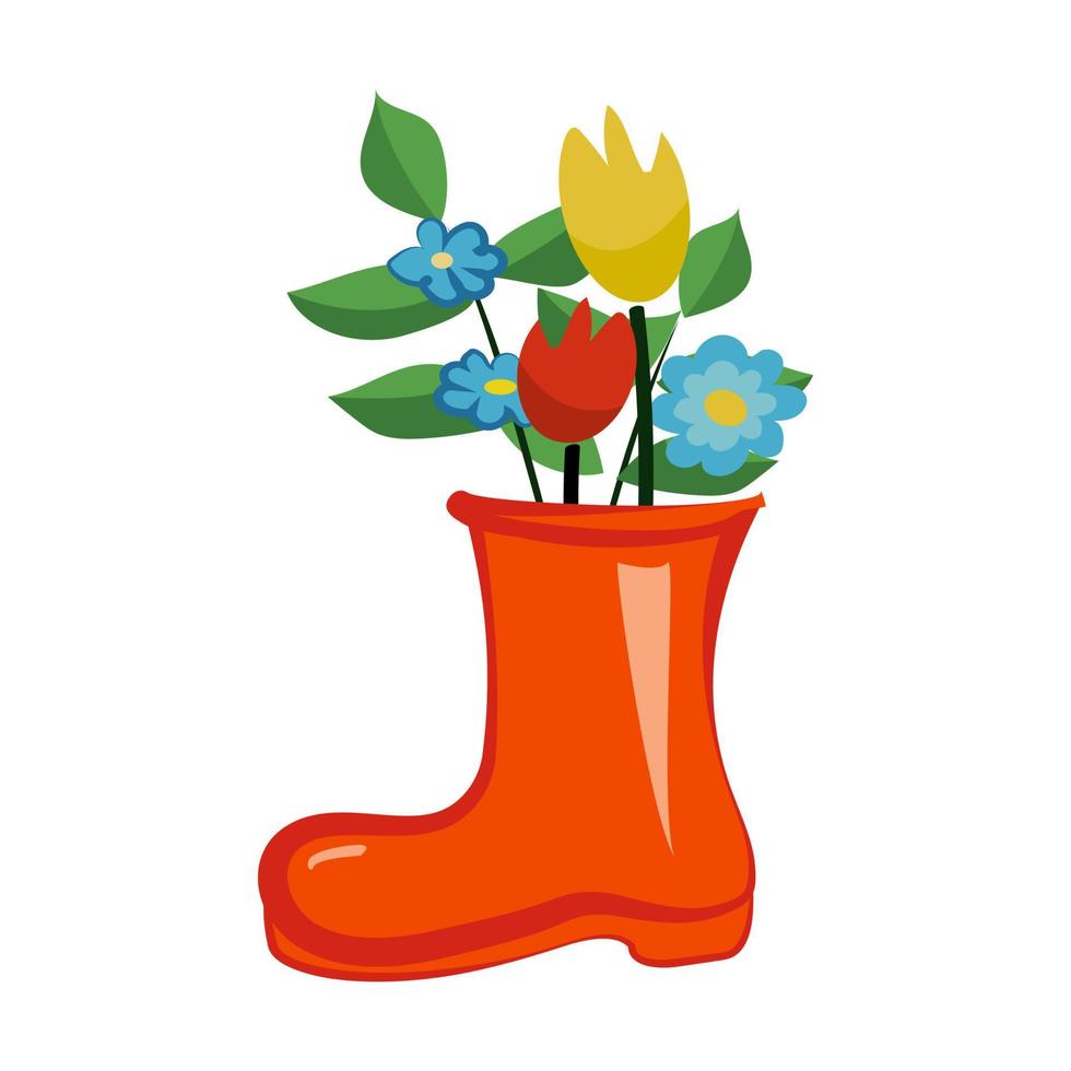 Bright flowers in a rubber boot. Vector cartoon illustration
