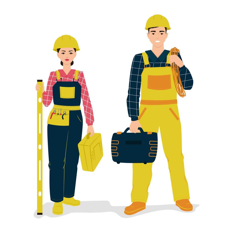 hombre y mujer en uniforme de trabajo con herramientas, constructor de profesión. ilustración vectorial en estilo plano vector