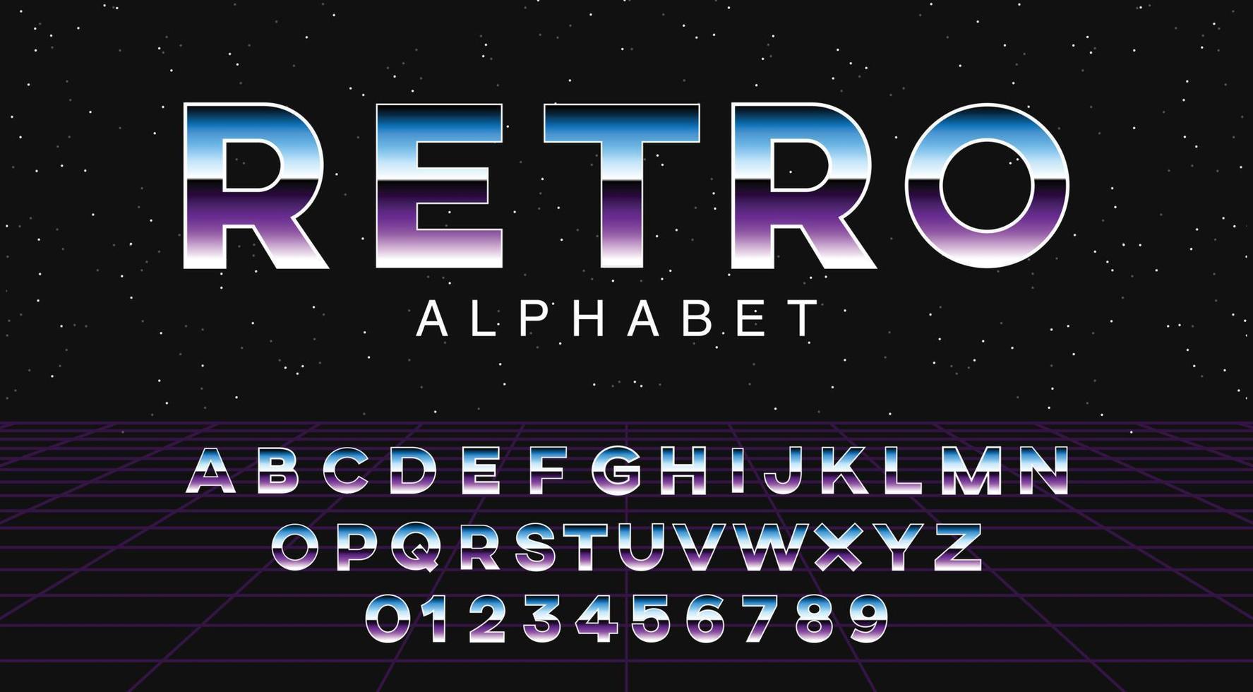 fuente retroonda futurista. letras y números metálicos degradados a rayas en el fondo del espacio. alfabeto de ciencia ficción al estilo retro de los años 80. onda de sintetizador abc. vector