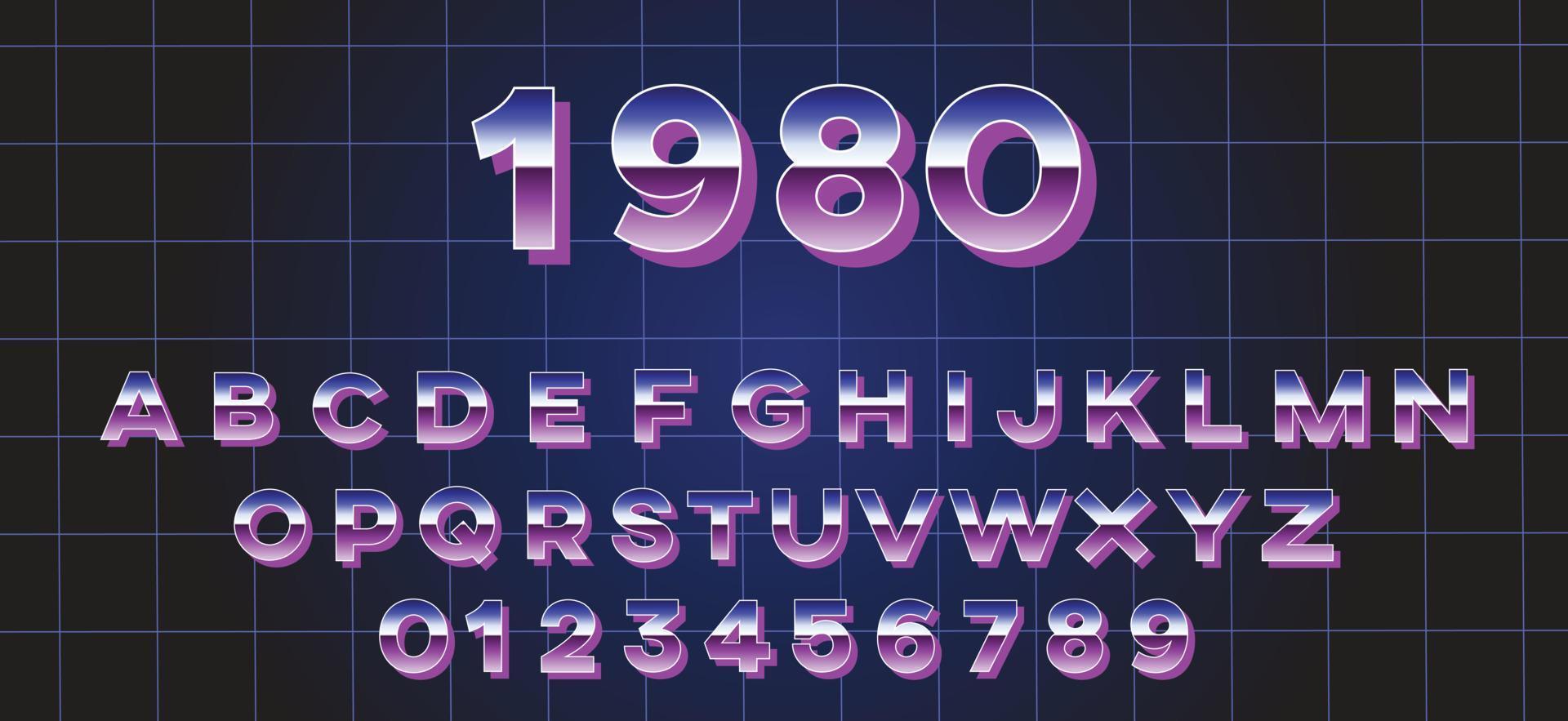 alfabeto retro en estilo synthwave. Letras de los 80 con degradado cromado. vector