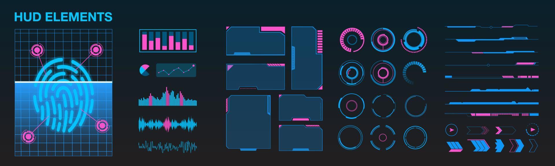 conjunto de elementos hud de vector ciberpunk para interfaz de usuario futurista tecnología conceptual digital abstracta interfaz de verificación de seguridad fondo y escaneo de huellas dactilares