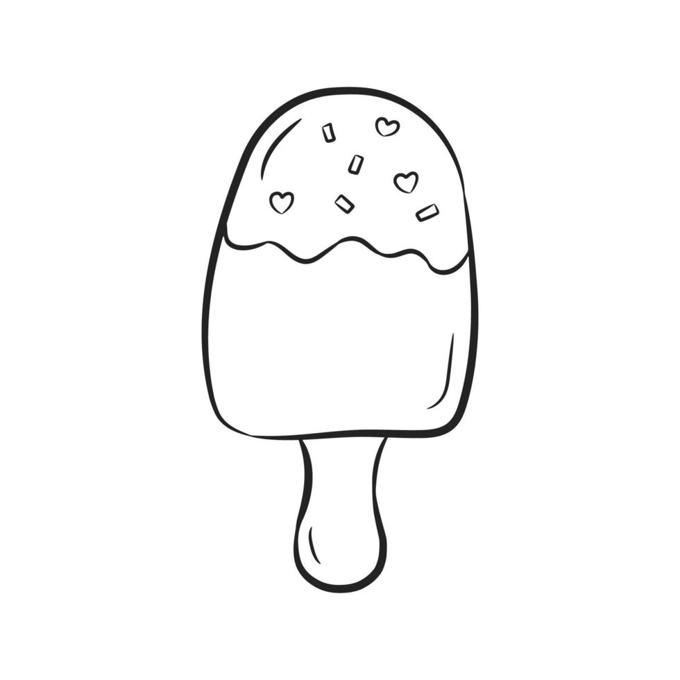 Popsicle in black linear drawing style. Ice cream, eskimo in doodle style. Vector illustration isolated on white background