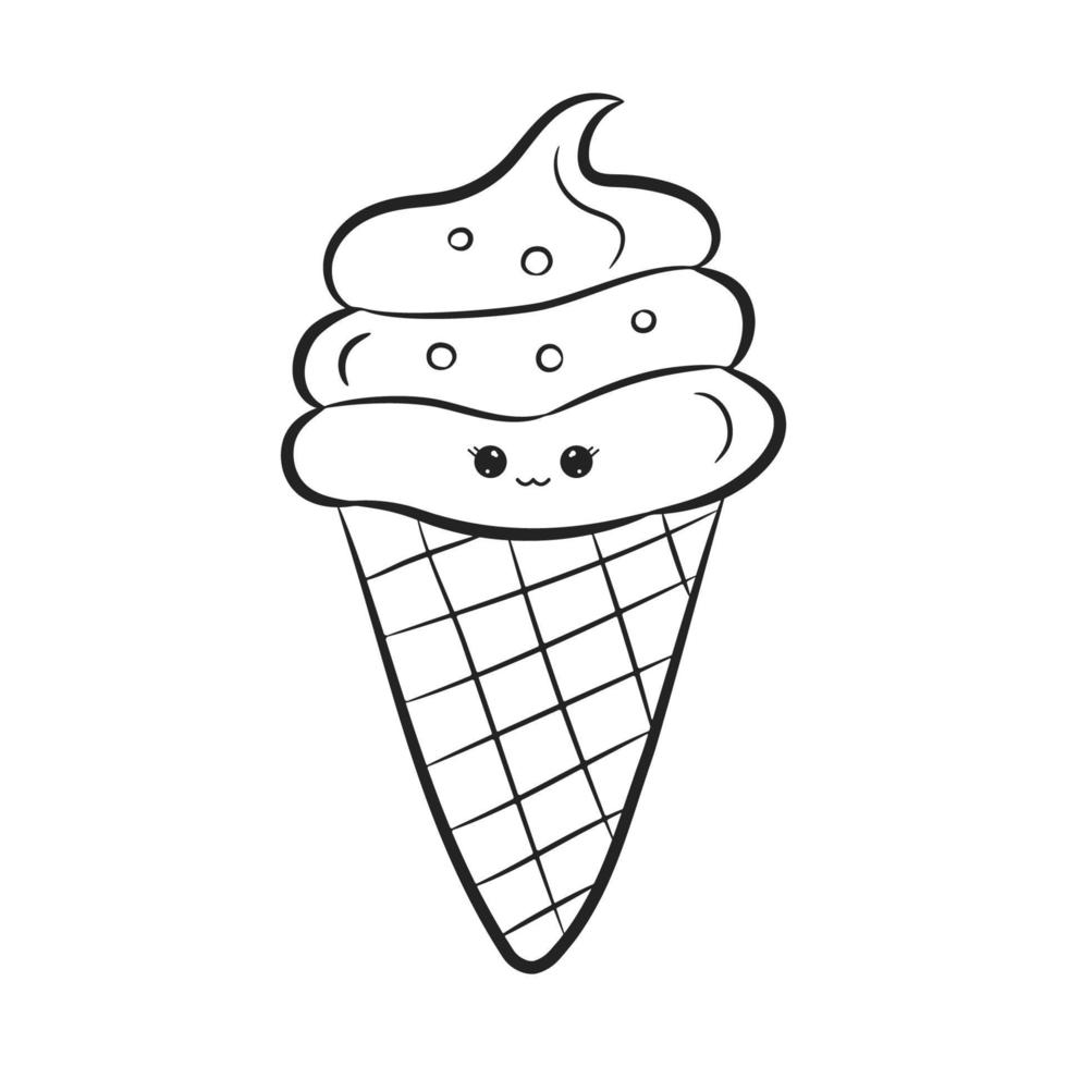 Kawaii ice cream waffle cone isolated on white background. Ice cream with happy cute face in doodle style. Coloring book. Vector Illustration