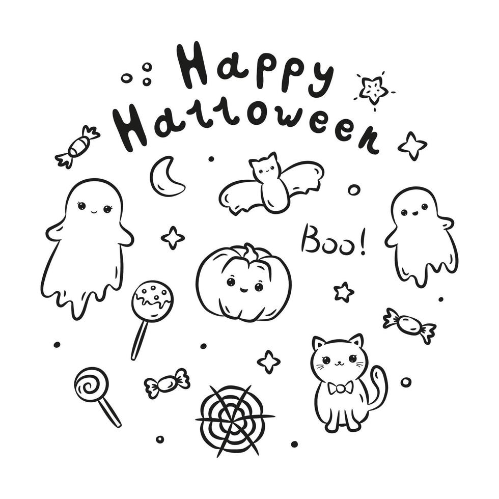 conjunto de garabatos y letras de halloween kawaii dibujados a mano. colección de lindos fantasmas kawaii, calabaza, gato, murciélago, feliz halloween, boo, web y dulces en estilo de dibujo lineal negro. ilustración vectorial vector