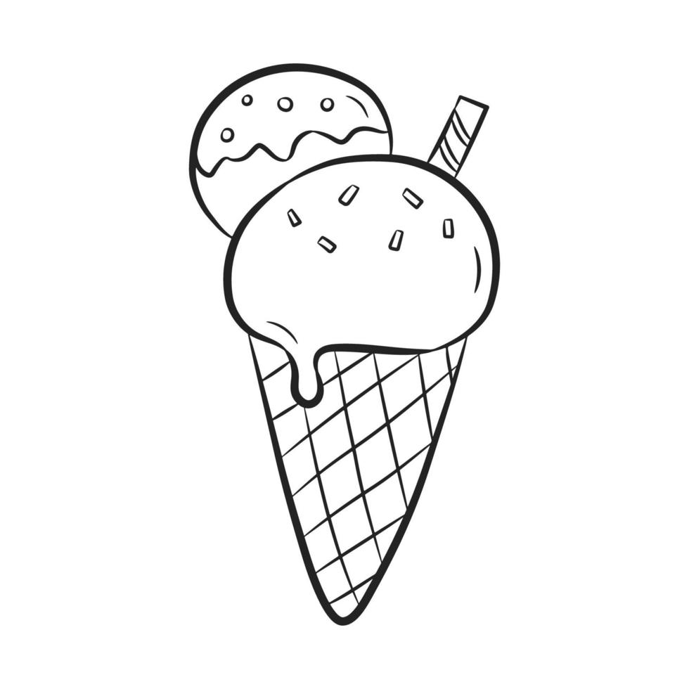 Ice cream waffle cone in doodle style. Ice cream in black linear drawing style. Vector illustration isolated on white background