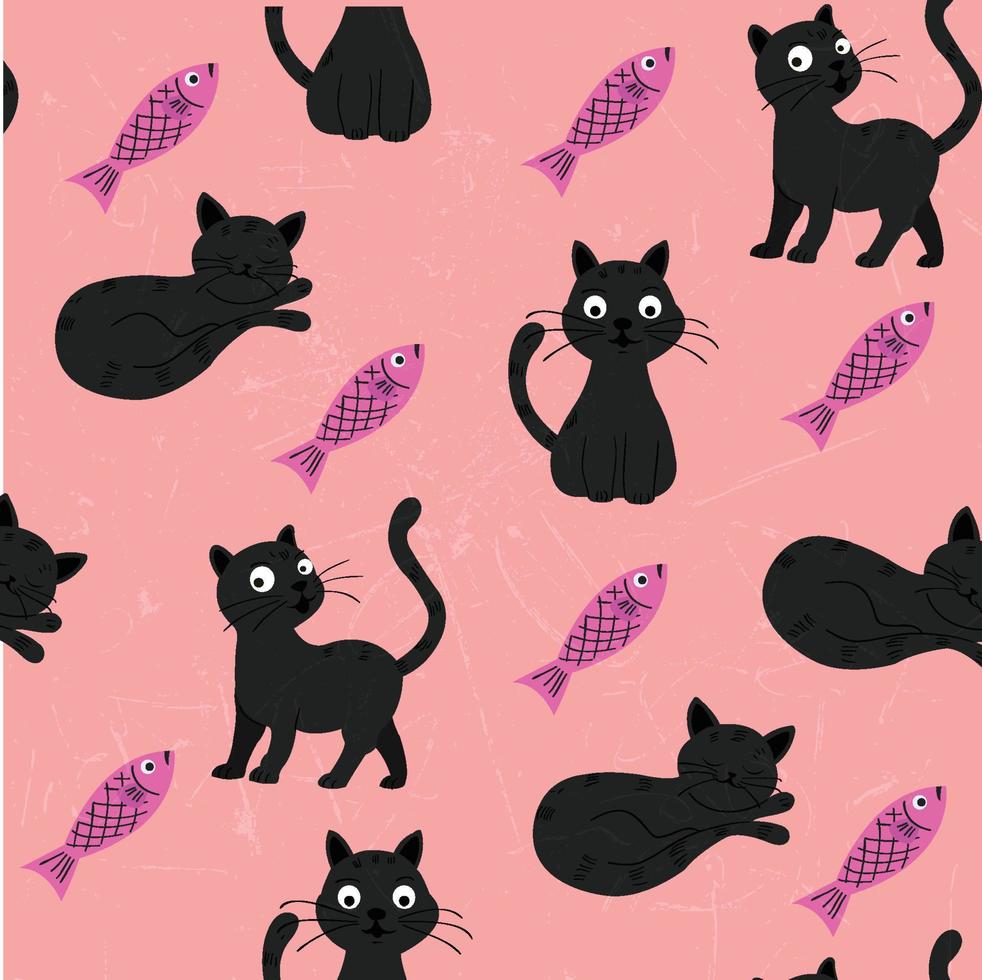 Seamless pattern with cute cats and fish vector