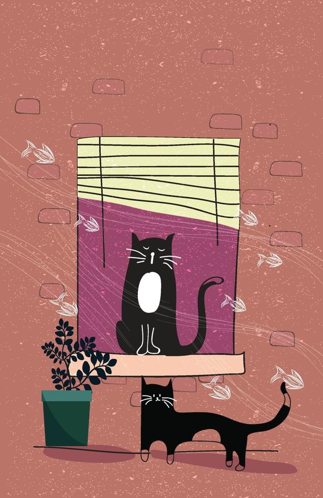 Window frame icon with cute cat sketch cartoon vector