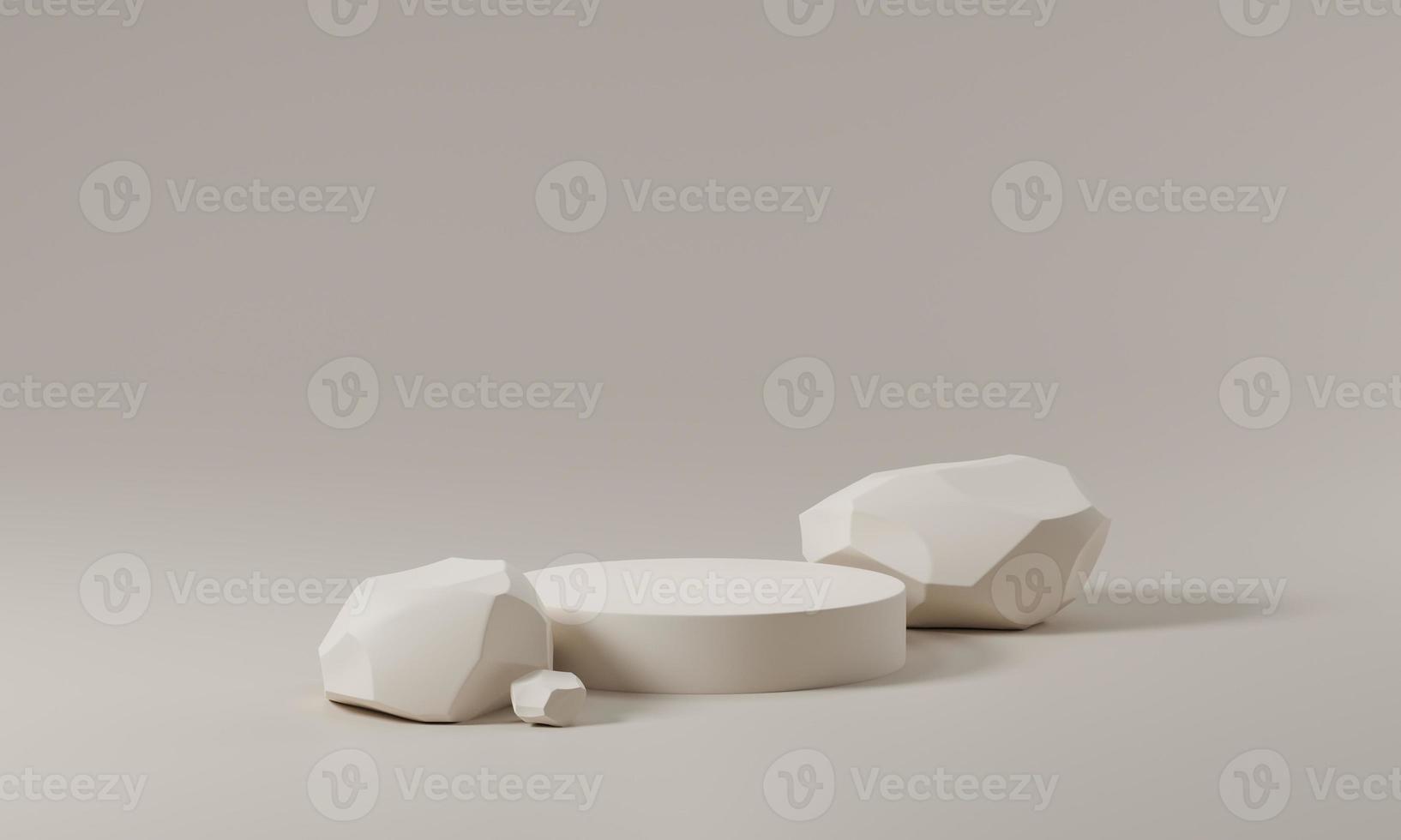 Abstract white round corner pedestal podium with stone, Product display podium in room, 3d rendering studio with geometric shapes, Cosmetic product minimal scene with platform, Stand to show products photo